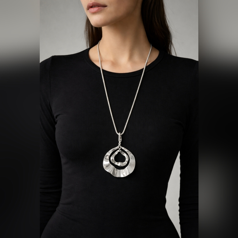 Artisan Style Silver Abstract Pendant Necklace 32" Snake Chain
